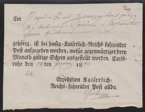 "Carlsruhe", 1803, mandat-poste imprimé local de la poste impériale