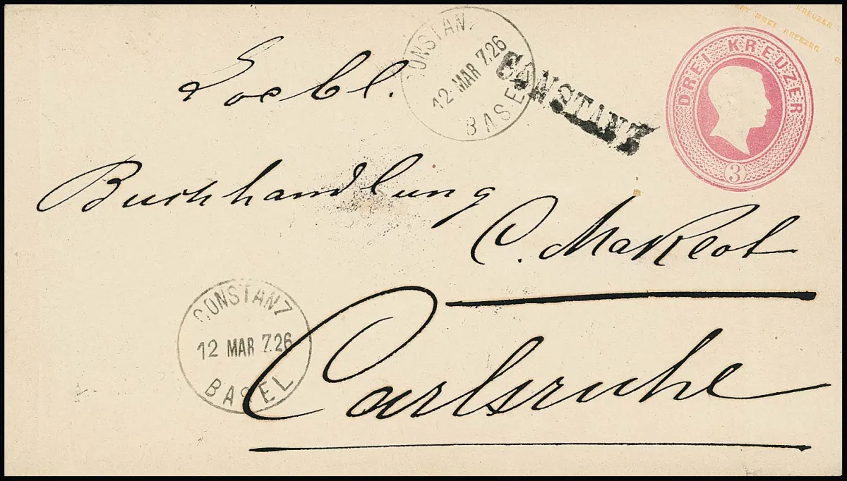 "Constanz", L1 de station et K1 de poste ferroviaire "Constanz-Basel" clair sur entier 3 Kr. rose (légère trace de pliure à gauche)