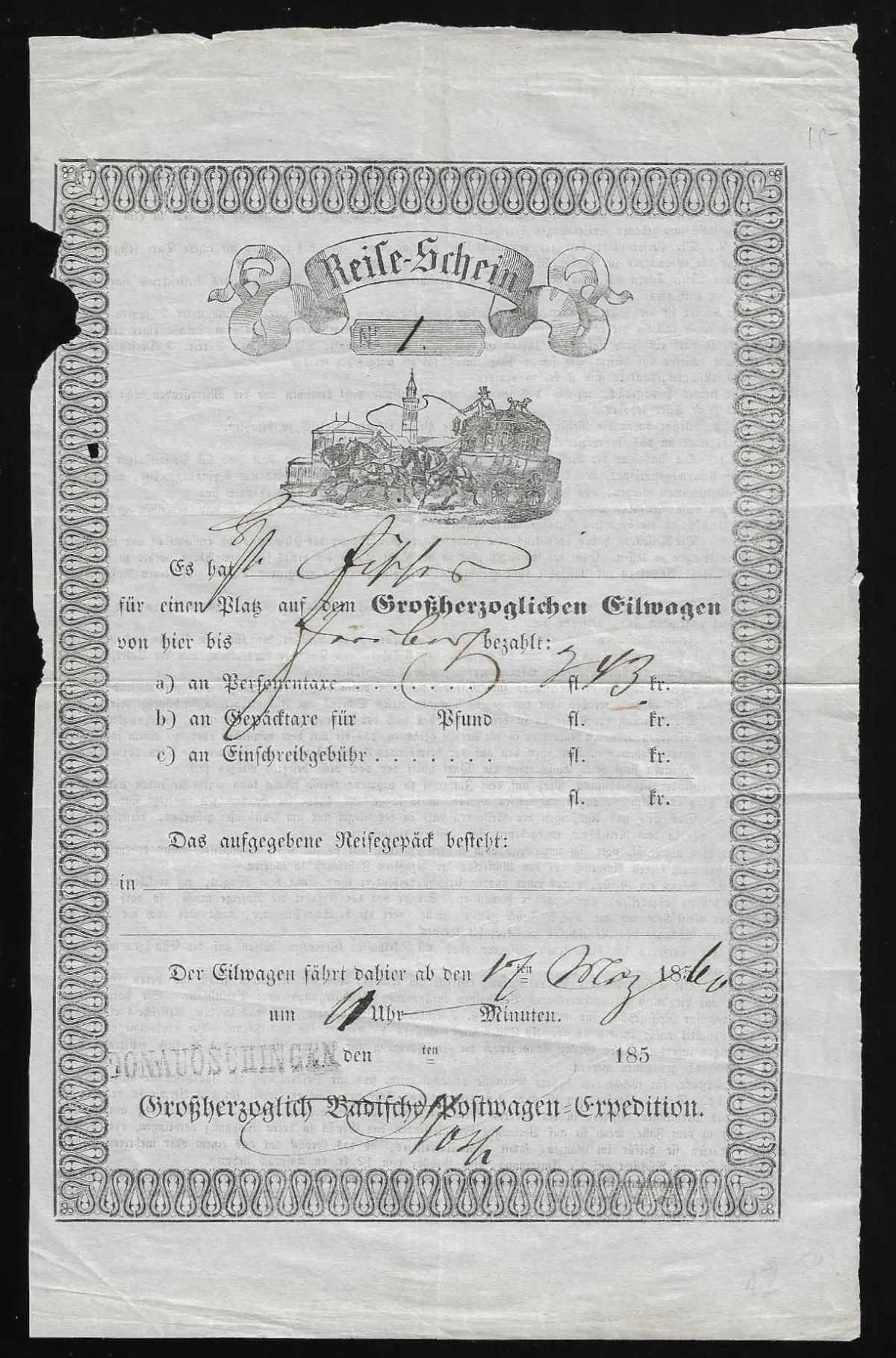 "Donaueschingen", 1860, L1 klar auf Postreiseschein (typ. kl. Randmgl.)