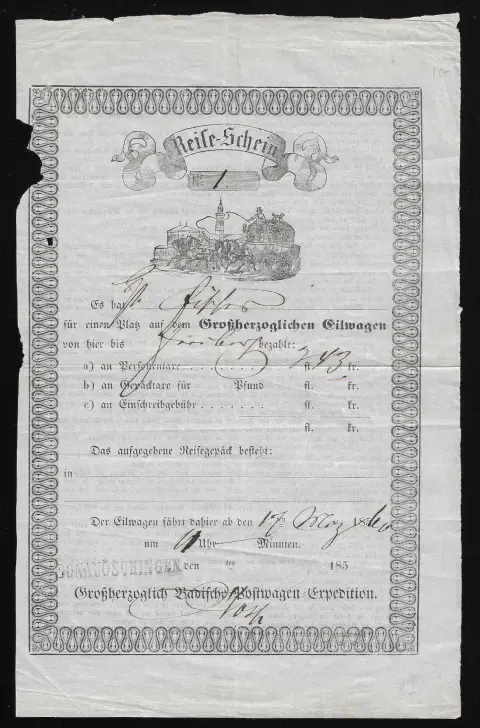 "Donaueschingen", 1860, L1 net sur bulletin de voyage postal (bord typ. lég. déf.)