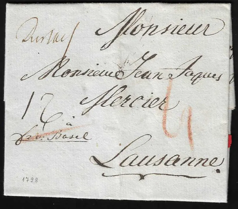 "Durlach", 1798, handwritten posting on partly prepaid letter "fro. Basel" to Lausanne