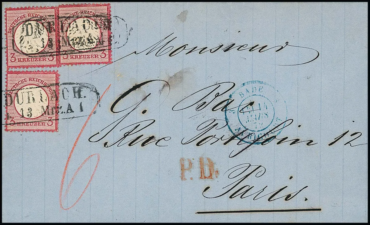 "Durlach", redirected Ra2 clear on foreign letter with three times 3 Kr. carmine, large breast shield, to Paris