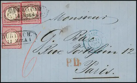 "Durlach", nachverw. Ra2 klar auf Auslandsbrief mit dreimal 3 Kr. karmin, gr. Brustschild, nach Paris