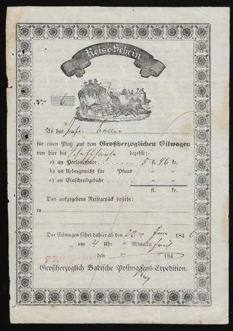 "Freiburg", 1846, roter L1 auf dekor. Eilwagen-Post-Reiseschein (leichte Gebrauchsspuren)