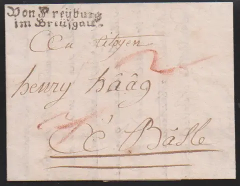 "Freiburg", erster und zweiter L1 "DE FREYBOURG" auf zwei Briefen, letzterer aus 1767, sowie Fraktur-L2 "Von Freyburg im Breüsgau" auf Brief 1799 nach Basel.…