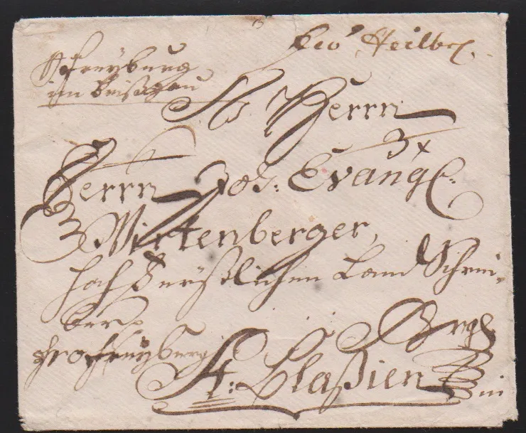 "Freyburg im Breißgau", handwritten marking on cover (1770) to St. Blasien, on reverse early express note to "all postmasters"