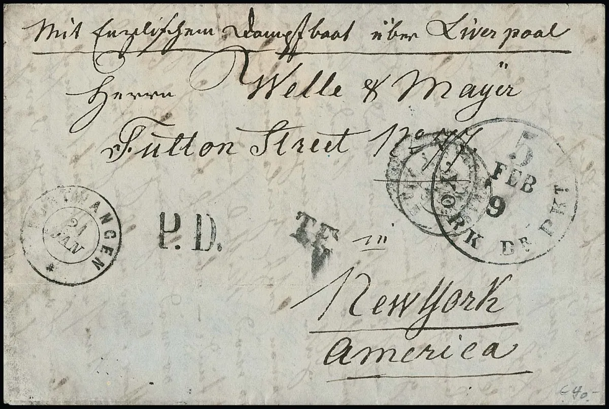 "Furtwangen", 1836, K2 auf Überseebrief (typische Gebrauchsspuren) via Frankreich/England nach New York