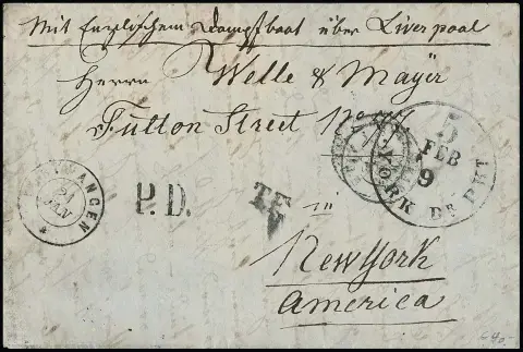 "Furtwangen", 1836, K2 auf Überseebrief (typische Gebrauchsspuren) via Frankreich/England nach New York