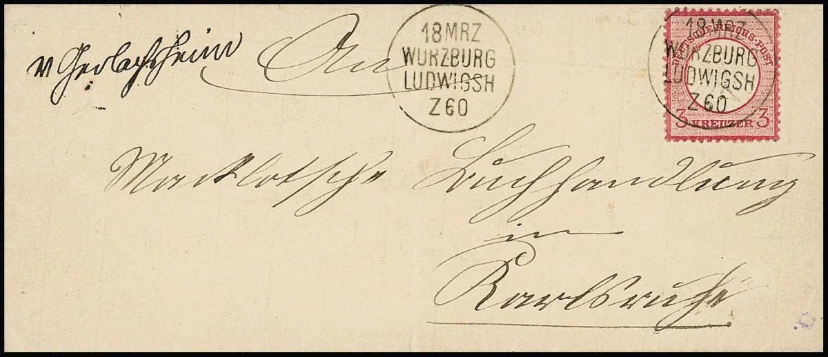 "Gerlachheim", handwritten railway mail posting and good after-use train K1 "Würzburg-Ludwigsh." as stamp cancellation on ladies' cover with choice piece 3 Kr. small breast shield