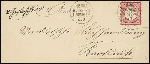 "Gerlachheim", handschriftliche Bahnpost-Aufgabe und guter nachverw. Zug-K1 "Würzburg-Ludwigsh." als Markenentwertung auf gef. Damencouvert mit Kabinettstück…