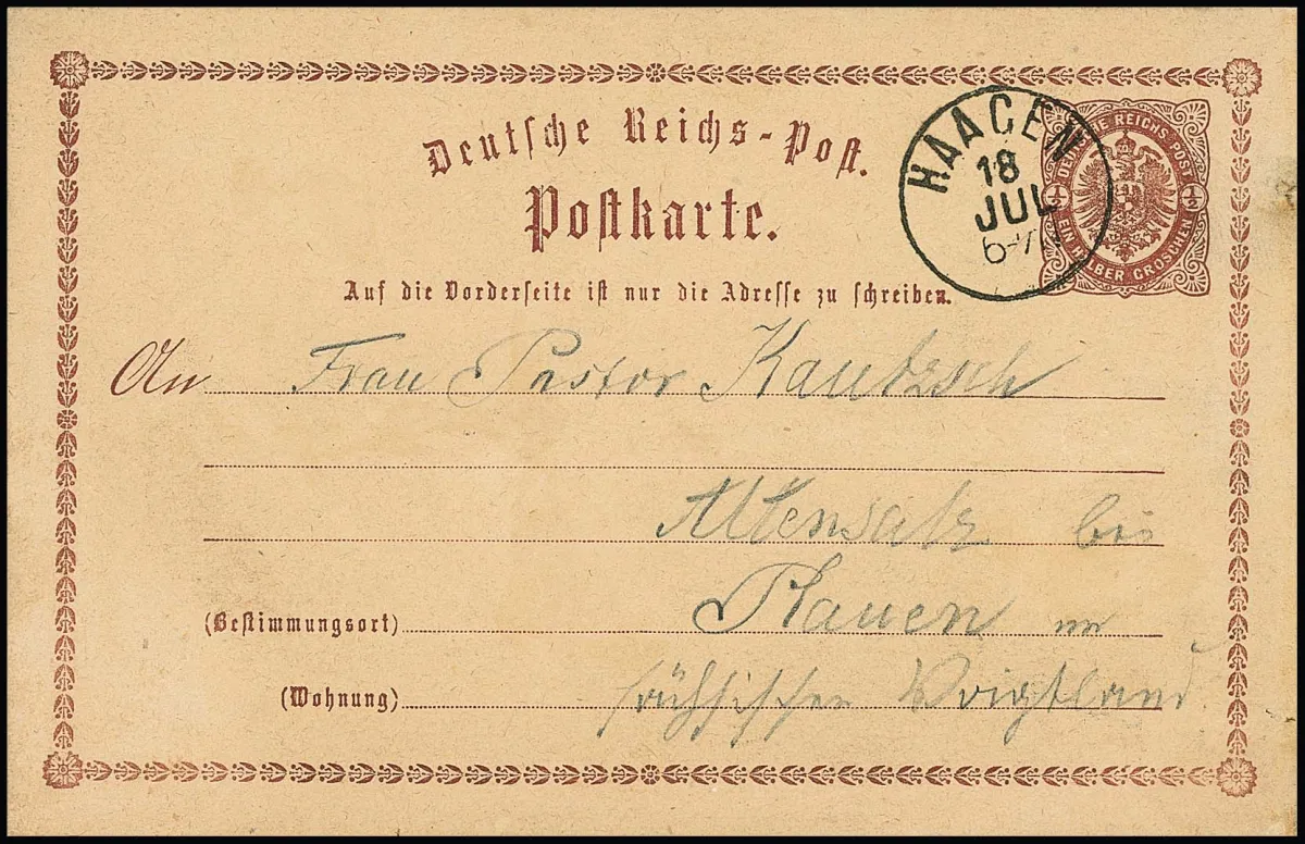 "Haagen", cachet K1 bad. réutilisé clair sur carte postale entière 1/2 Gr. brun pour Altensalza près de Plauen, texte détaillé écrit à Bâle au verso, usage rare de la carte Groschen en zone Kreuzer