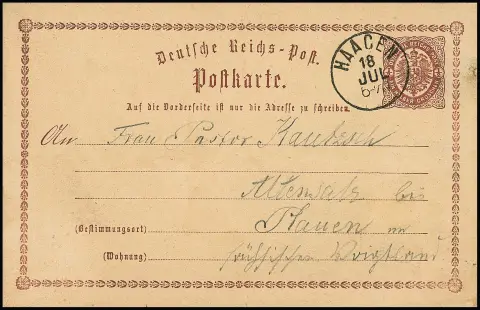 "Haagen", klarer nachverw. bad. K1 auf Brustschild-Ganzsachen-Postkarte 1/2 Gr. braun nach Altensalza bei Plauen, rs. ausführlicher in Basel geschriebener…