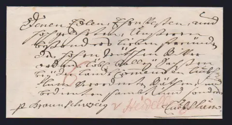 "Heidelberg", (1770/80), je hs. Aufgaben "v. Heidbg." bzw. "v. Heidelberg" (Rötel) auf zwei Briefen