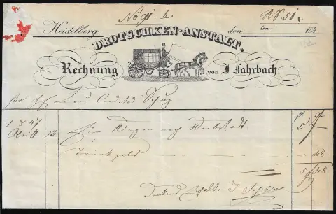 "Heidelberg", 1847, "Droschken-Anstalt", Oberteil von vorgedruckter Rechnung mit dekorativer Kutschen-Abb.