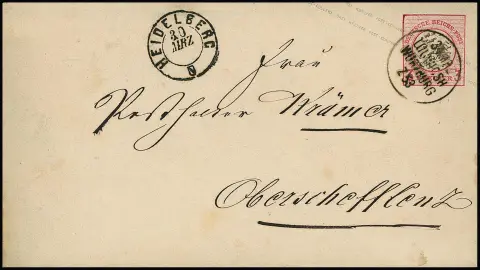 "Heidelberg", nachverw. K2 und seltener Bahnpost-K1 "Ludwigsh.-Würzburg" klar auf Ganzsache 3 Kr. kl. Brustschild