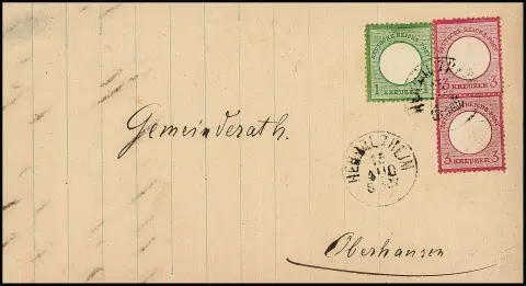 "Herbolzheim", nachverw. K1 auf Prachtbrief mit kleinen Brustschilden 1 und zweimal 3 Kr., sowie auf Brief 10 Pfge.