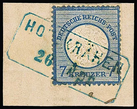 "Hohenkrähen", complete strike of the blue Billet-Ra2 on letter piece 7 Kr. small breast shield (this one glued to larger backing). Photo expert Sommer