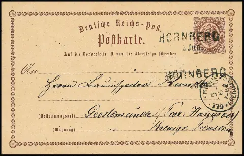 "Hornberg", nachverw. L2 auf Brustschild-Ganzsachenkarte 1/2 Gr. braun nach Geestemünde (vs. seltener nachverw. Hannover-K2 "Geestemünde Freihafen"), seltene…