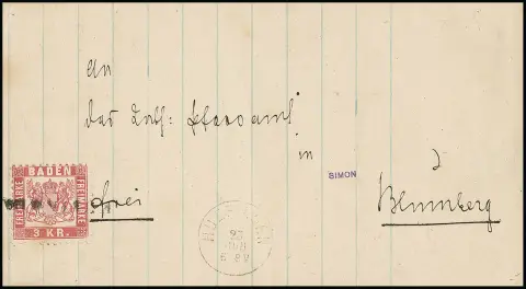 "Huefingen", vorphil. L1 als Entwertung und Neben-K1 auf Kabinettbrief 3 Kr., sign. Simon, Stegmüller