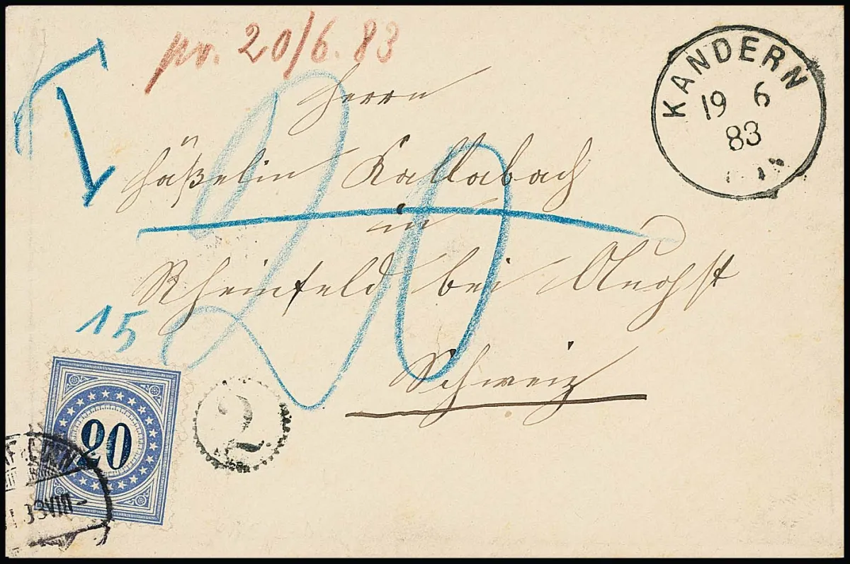 "Kandern", K1 1883 avec roue horaire "2" sur couvert de rayon frontalier vers Rheinfelden/Suisse avec timbre de poste restante Suisse 20 C. bleu