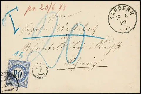 "Kandern", K1 1883 nebst Uhrrad "2" auf Grenzrayon-Couvert nach Rheinfelden/Schweiz mit Nachportomarke Schweiz 20 C. blau
