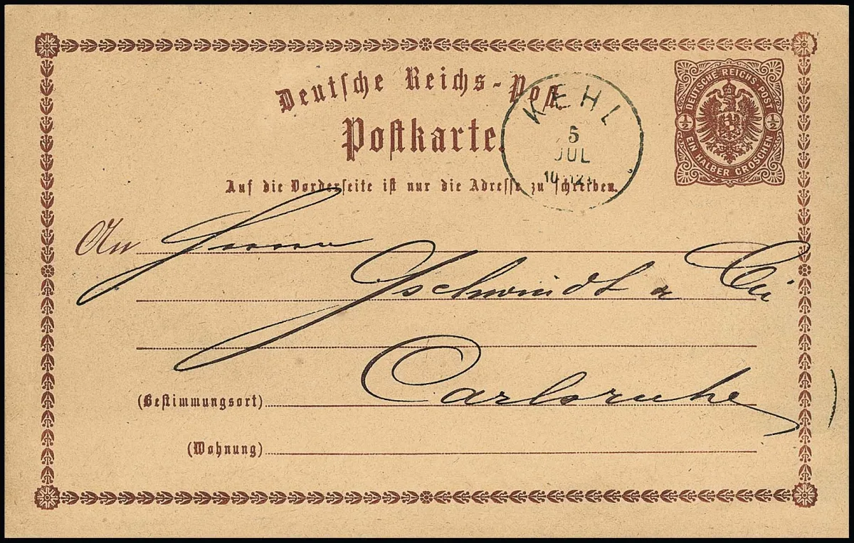 "Kehl", K1 après administration sur carte entière au buste 1/2 Gr. brun vers Carlsruhe, usage rare de la carte Groschen en zone Kreuzer, écrite à Strasbourg