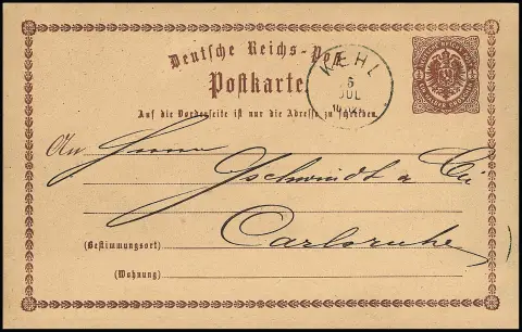 "Kehl", nachverw. K1 auf Brustschild-Ganzsachenkarte 1/2 Gr. braun nach Carlsruhe, seltene Verwendung der Groschenkarte im Kreuzer-Gebiet, geschrieben in…
