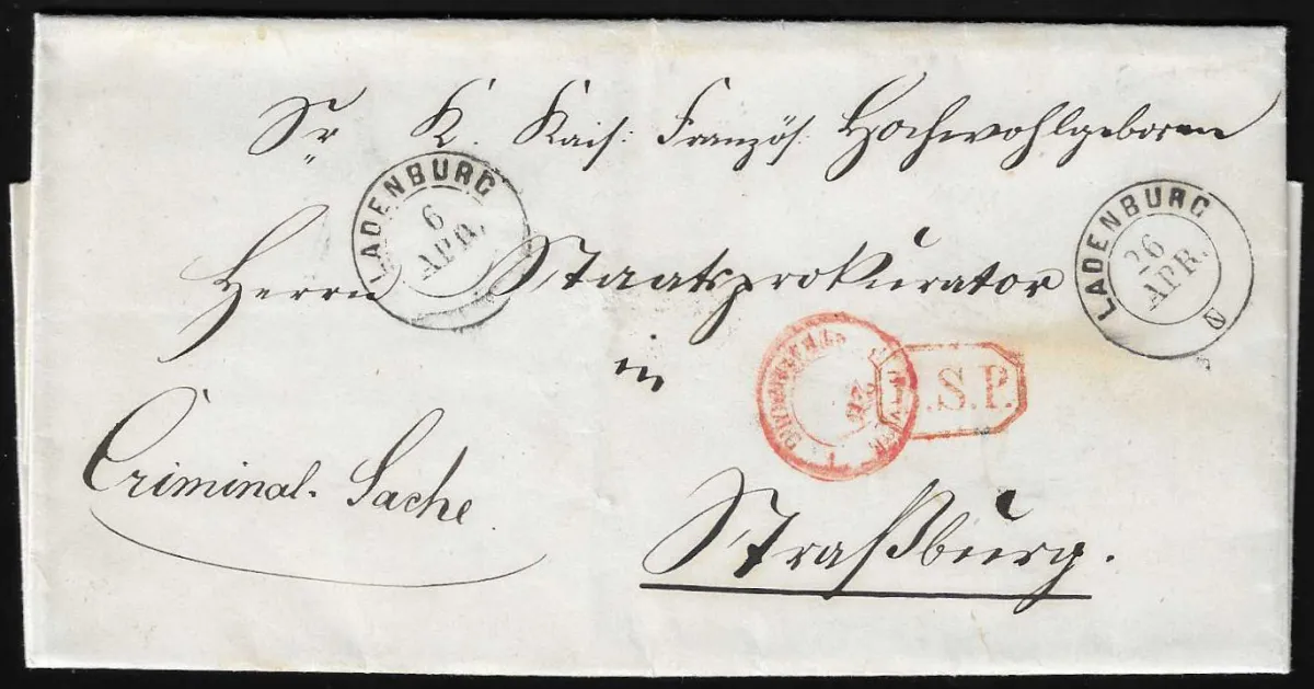 "Ladenburg", dubbele K2 (van 6 en 26.4.1867) samen met rode Ra1 "B.S.P." op portvrije buitenlandse dienstbrief ("strafzaak") naar Straatsburg