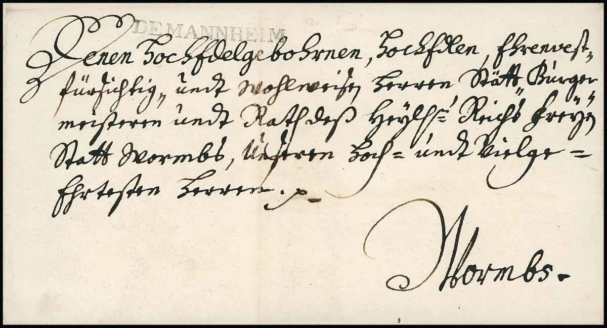 "Mannheim", 1724, clear L1 "DE MANNHEIM" (larger type) on decorative letter cover (presented note) to Worms, early use
