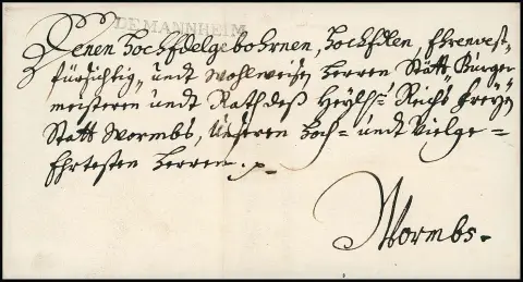 "Mannheim", 1724, klarer L1 "DE MANNHEIM" (größere Type) auf dekor. Briefhülle (Präsentiert-Vermerk) nach Worms, frühe Verwendung