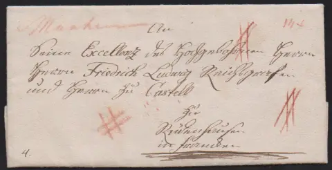 "Mannheim", 1724-1800, acht frühe Briefe, dabei 1724 ff. erster L1 "DE MANNHEIM" (3), "V. MANNHEIM" 1789, "VON MANNHEIM" 1800, hs. Aufgabe "Mhm." nebst…