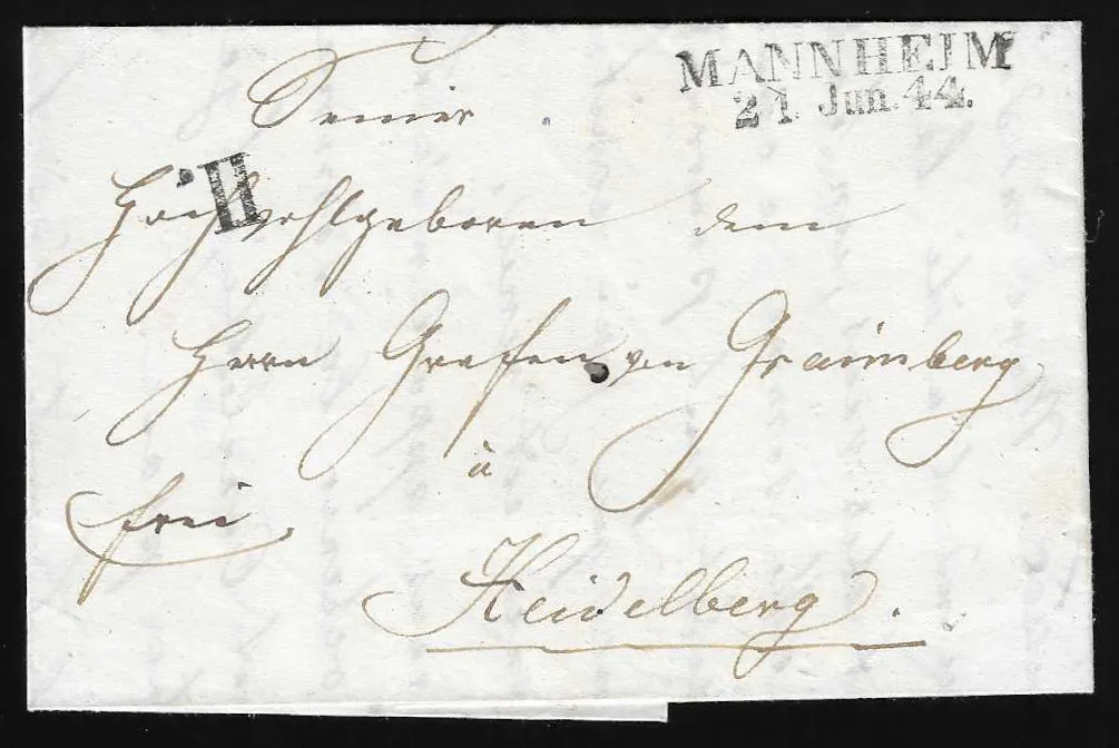 "Mannheim", 1844, L2 und Briefsammlungs-Annahmestempel "II" auf Luxusbrief nach Heidelberg