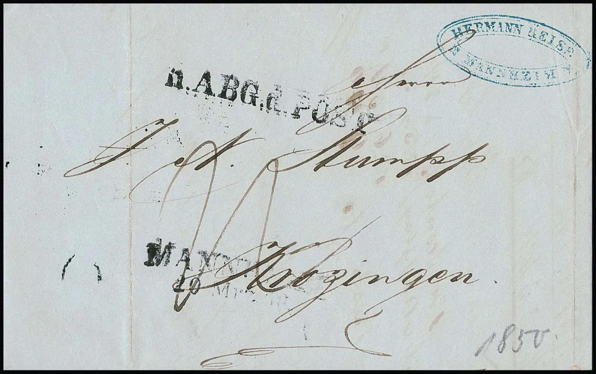 "Mannheim", 1850, L2 et rare L1 "N. ABG. d. POST" sur lettre affranchie pour Krotzingen