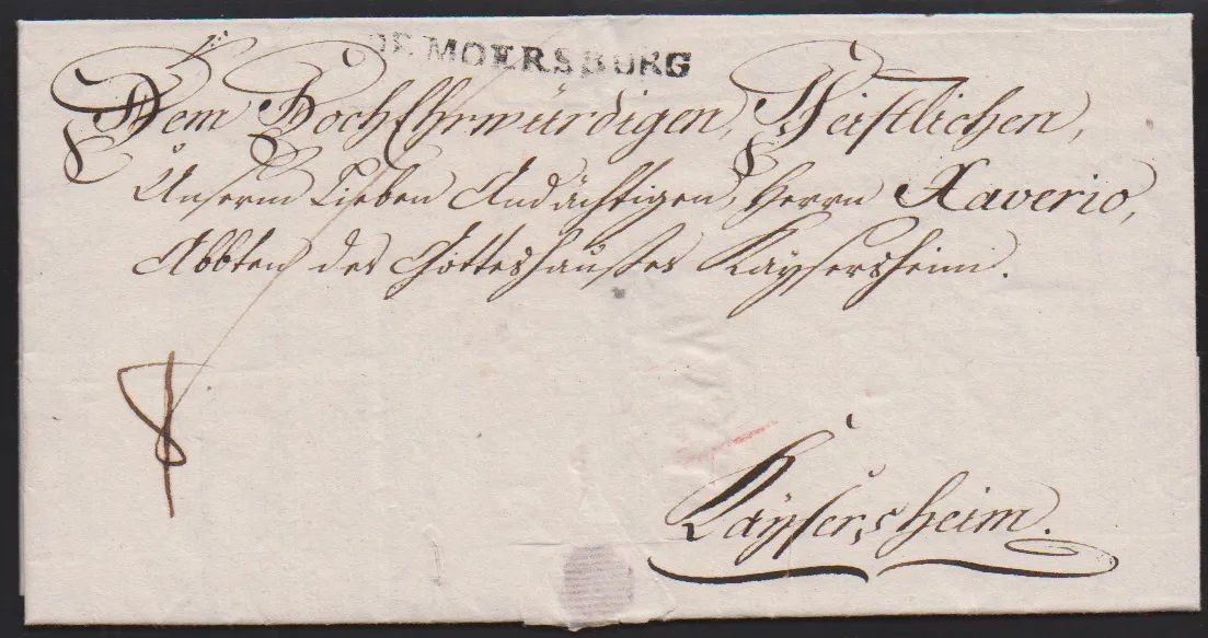 "Meersburg", 1801, lettre avec L1 "DE MOERSBURG", intérieur feuille décorative et signature autographe de Carl Theodor évêque de Constance et prince de Mayence