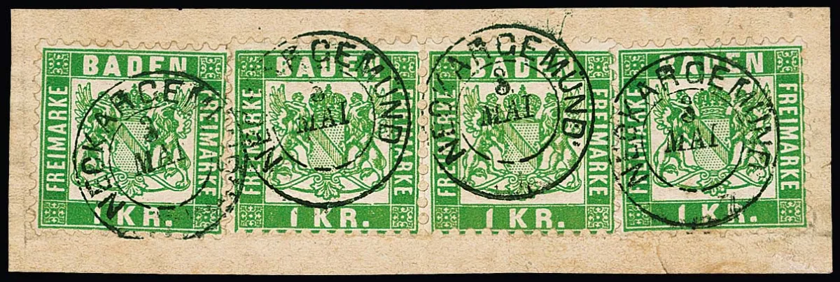 "Neckargemünd", K2 sur fragment de lettre de choix avec quatre 1 Kr. vert, ainsi qu'en bleu sur fragment avec bande de trois 3 Kr. rose