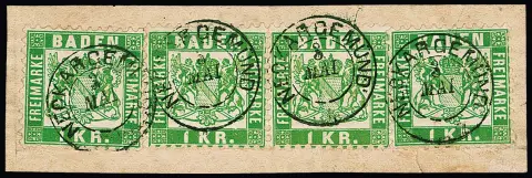 "Neckargemünd", K2 auf Kabinettbriefstück mit viermal 1 Kr. grün, sowie in blau auf Briefstück mit Dreierstreifen 3 Kr. rosa
