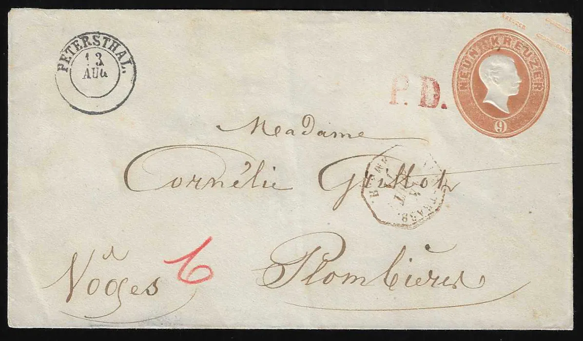 "Petersthal", K2 na nádherné celině 9 Kr. červenohnědá 1871 do Plombieres/Vogézy