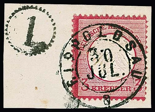 "Rippoldsau", redirected K2 and clock stamp "1" on cabinet letter piece with 3 Kr. small shield