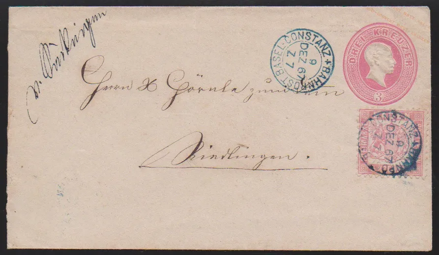 "Säckingen", hs. Bahnpost-Aufgabe, nebst blauem Zug-K2 "Basel-Constanz", auf Ganzsache 3 Kr. rosa (links min. unruhig geöffnet) mit ZuF 3 Kr. rosa