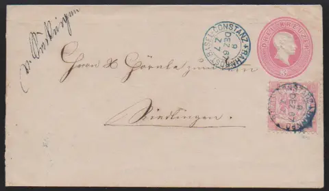 "Säckingen", hs. Bahnpost-Aufgabe, nebst blauem Zug-K2 "Basel-Constanz", auf Ganzsache 3 Kr. rosa (links min. unruhig geöffnet) mit ZuF 3 Kr. rosa