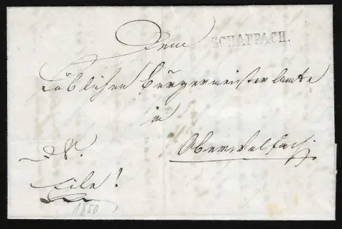 "Schappach", 1850/54, je klarer L1 in schwarz bzw. blau auf zwei Prachtbriefen
