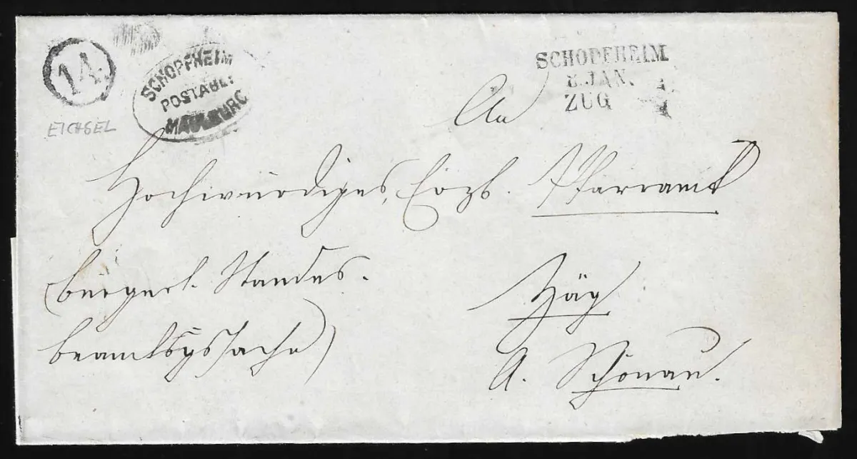"Schopfheim-Zug", railway mail L3, with clock-wheel stamp "14" (Eichsel) and postal deposit "Schopfheim-Maulburg" on 1868 letter, plus letter piece 3 Kr.