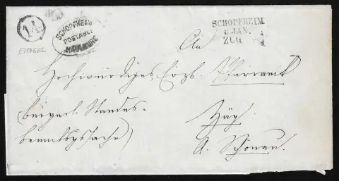 "Schopfheim-Zug", Bahnpost-L3, nebst Uhrradstempel "14" (Eichsel) und Postablage "Schopfheim-Maulburg" auf Brief 1868, sowie Briefstück 3 Kr.