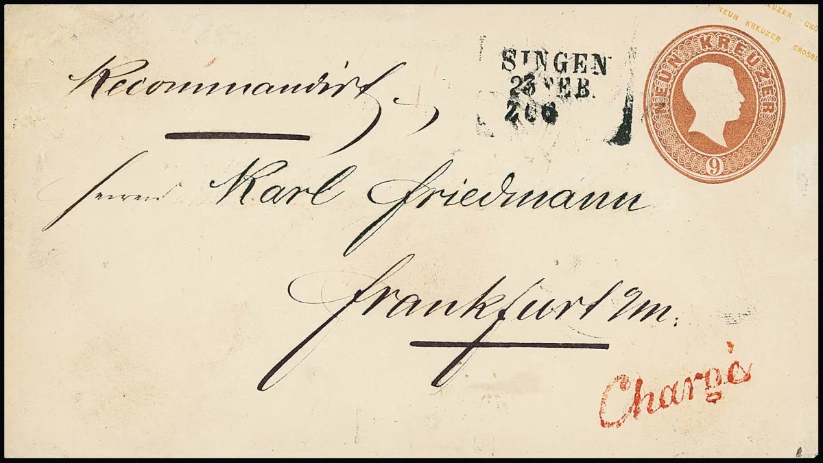 "Singen-Zug", meilleur cachet de la poste ferroviaire L3 sur entier postal recommandé 9 Kr. brun rouge vers Francfort, traces d'usage typiques
