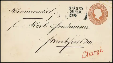 "Singen-Zug", besserer Bahnpost-L3 auf Reco-Ganzsache 9 Kr. rotbraun nach Frankfurt, typische Gebrauchsspuren