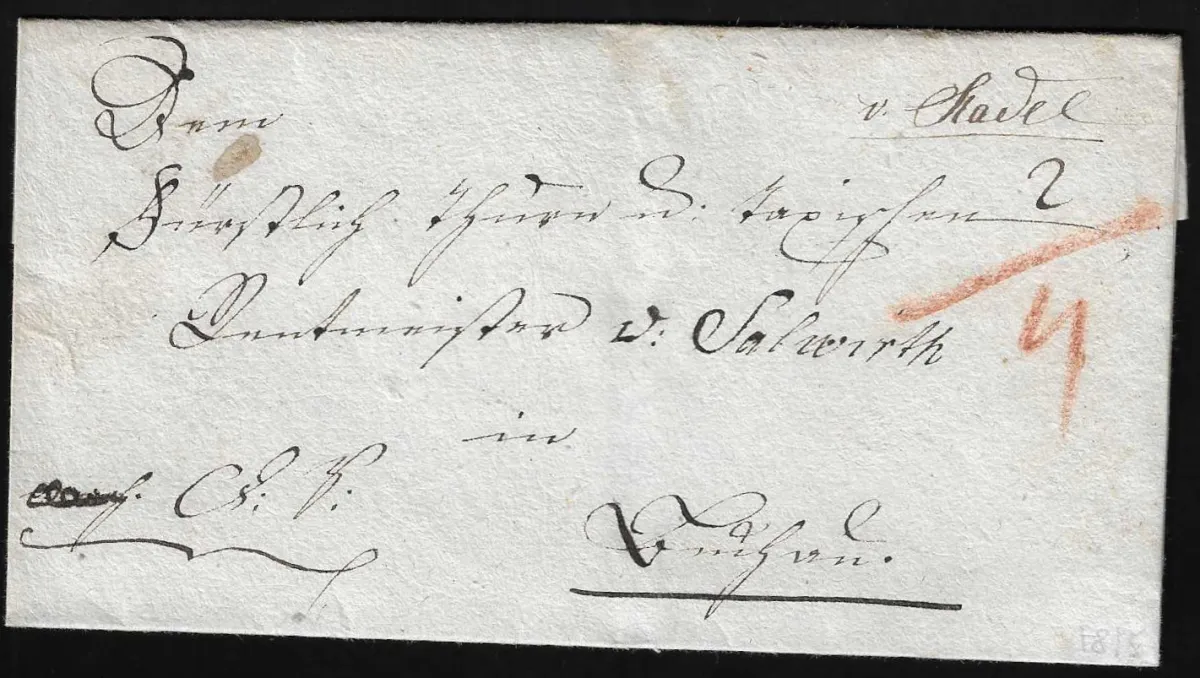 "Stadel", 1844, L1 op brief, evenals handgeschreven aantekening "v. Stadel" op brief (1800)