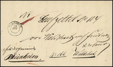 "Waldshut", 1853, K2 auf seltenem kompletten "Laufzettel" nach Freiburg und zurück