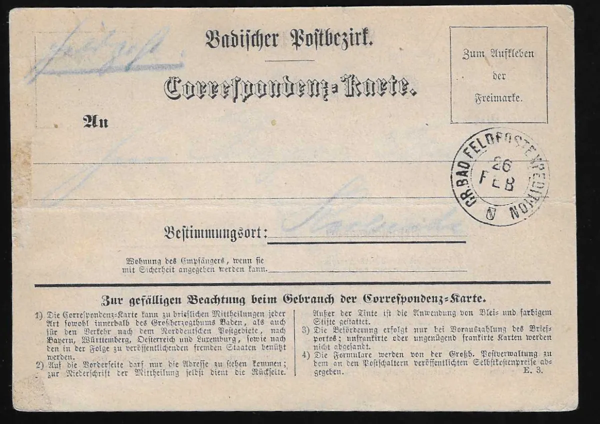 Feldpost, "Gr. Bad. Feldostexpedition" (avec armoiries), K2 sur carte de correspondance préimprimée pour Karlsruhe, carte état d'usage habituel avec pli central