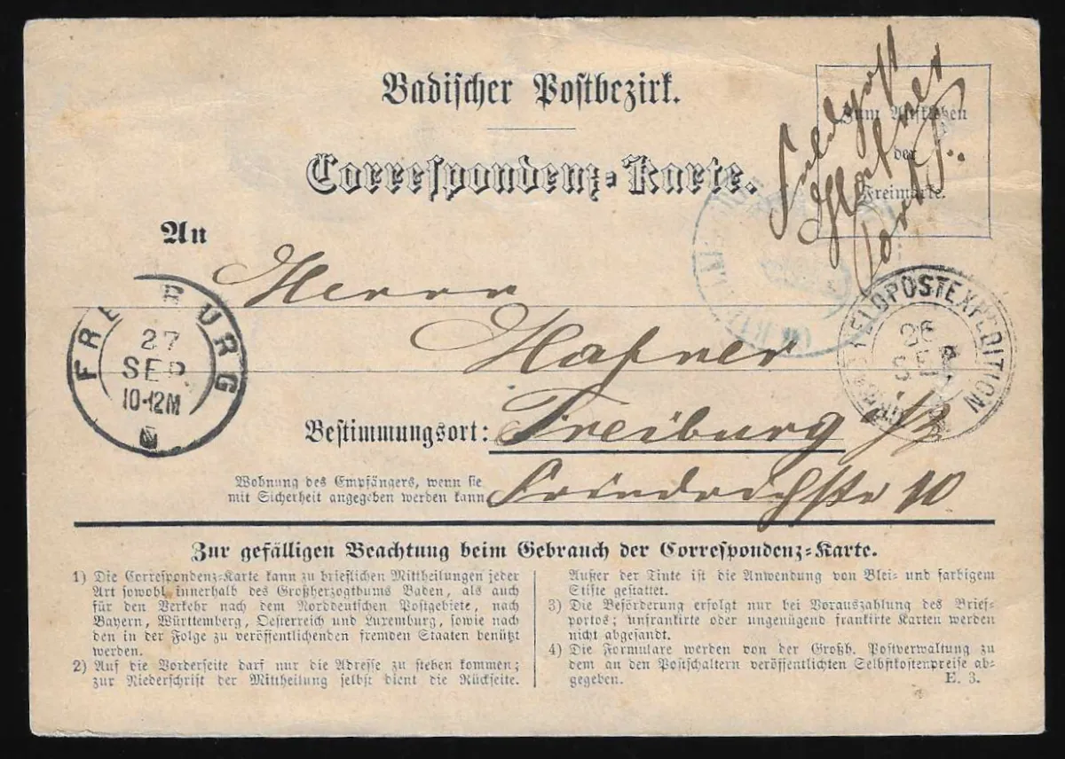 Feldpost, (1870), K2 "GR. BAD. FELDPOSTEXPEDITION 26/9" nebst Truppenstempel auf Feldpost-Correspondenzkarte nach Freiburg