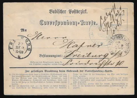 Feldpost, (1870), K2 "GR. BAD. FELDPOSTEXPEDITION 26/9" nebst Truppenstempel auf Feldpost-Correspondenzkarte nach Freiburg
